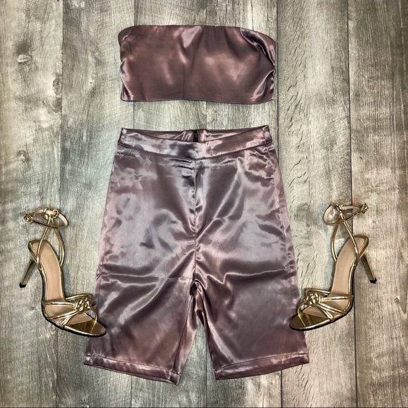 LAST 1 // Mauve Satin Bandeau Biker Shorts Set - Picture 5 of 5
